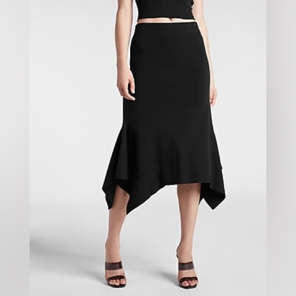 NWT Express Black High Waisted Ribbed Flounce Hem Midi Sweater Skirt